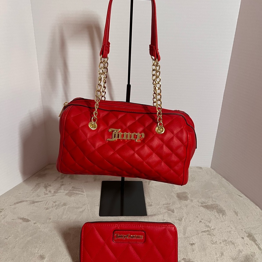 Juicy Couture Red Quilted Shoulder Bag with Gold Accents and wallet New!